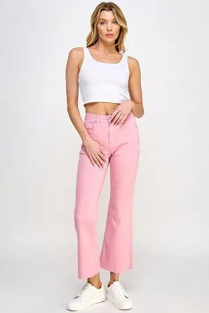 HIGH RISE KICK FLARE JEANS WITH RAW CUT HEM IN ROSE PINK    /  SP-P11819RP