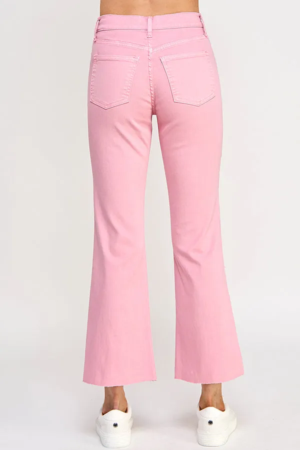 HIGH RISE KICK FLARE JEANS WITH RAW CUT HEM IN ROSE PINK    /  SP-P11819RP