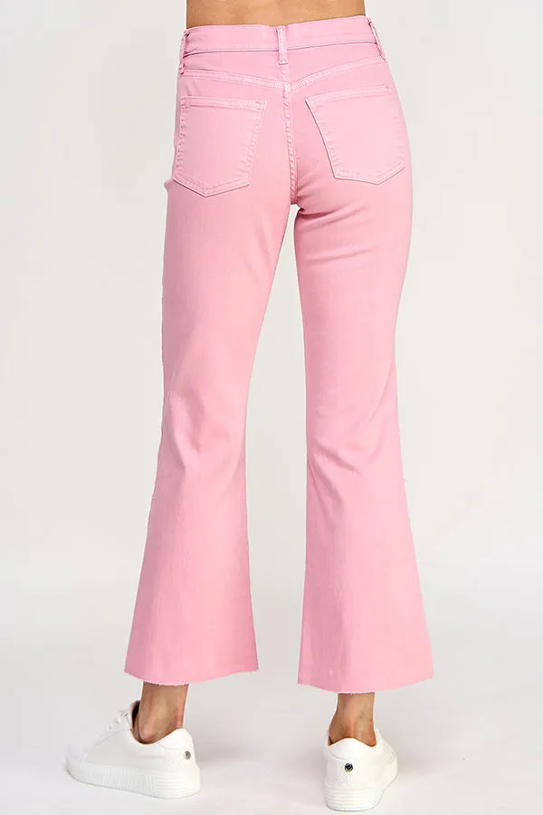 HIGH RISE KICK FLARE JEANS WITH RAW CUT HEM IN ROSE PINK    /  SP-P11819RP