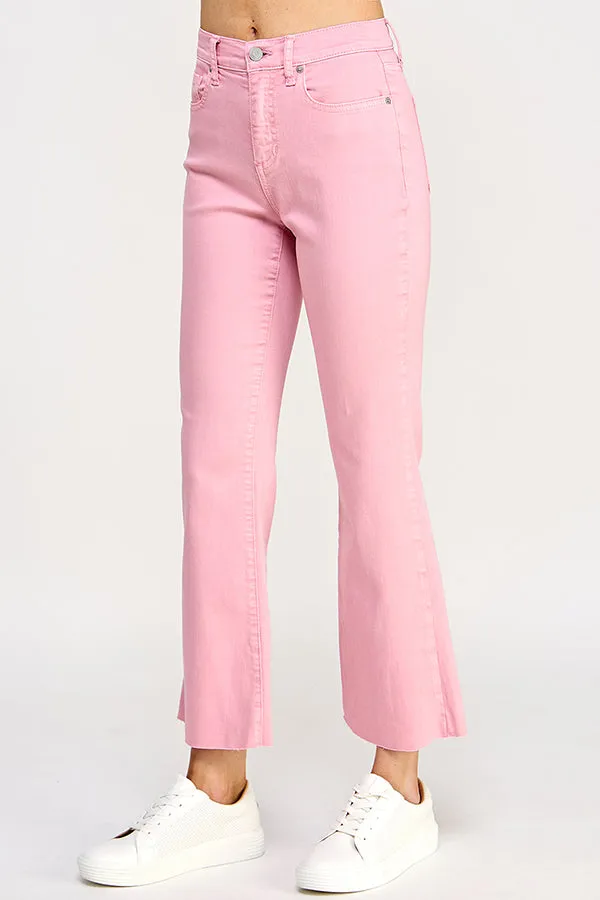 HIGH RISE KICK FLARE JEANS WITH RAW CUT HEM IN ROSE PINK    /  SP-P11819RP