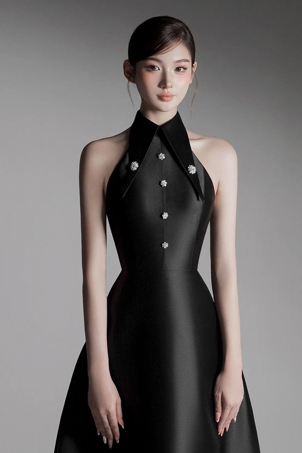 Hypatia A-line Collared Neck Taffeta Midi Dress