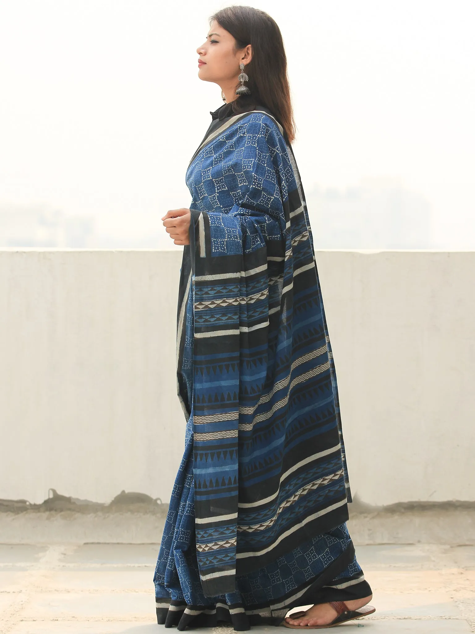 Indigo Black Ivory Hand Block Printed  Cotton Mul Saree - S031704100