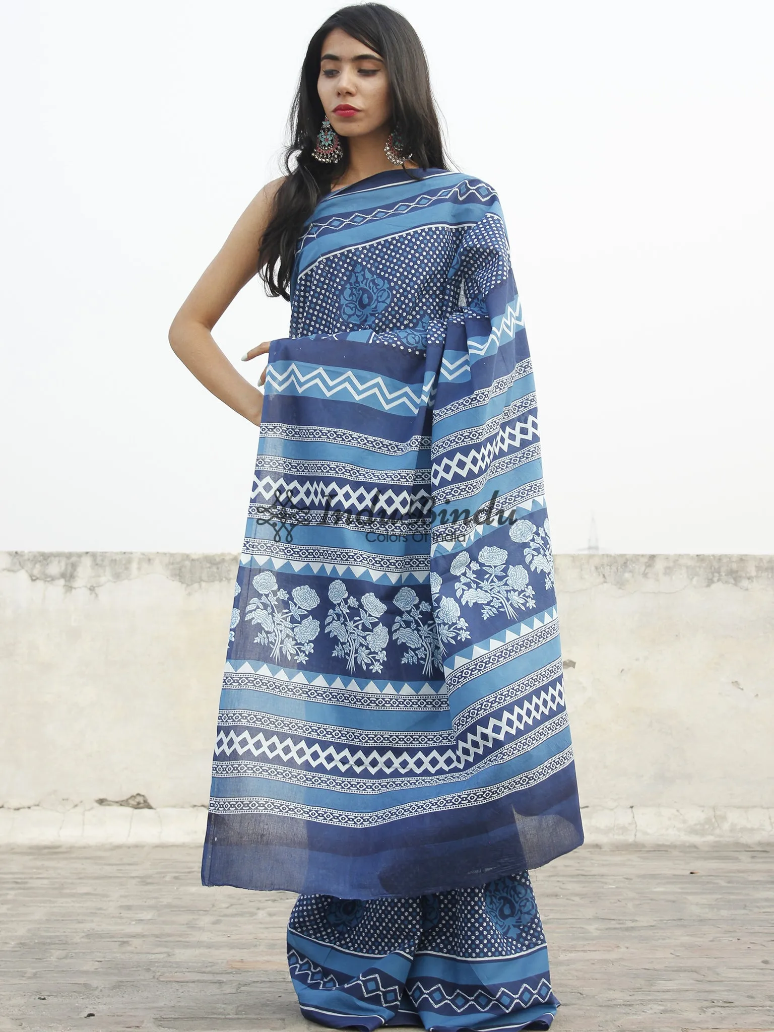 Indigo Blue White Hand Block Printed Cotton Saree In Natural Colors - S031702360