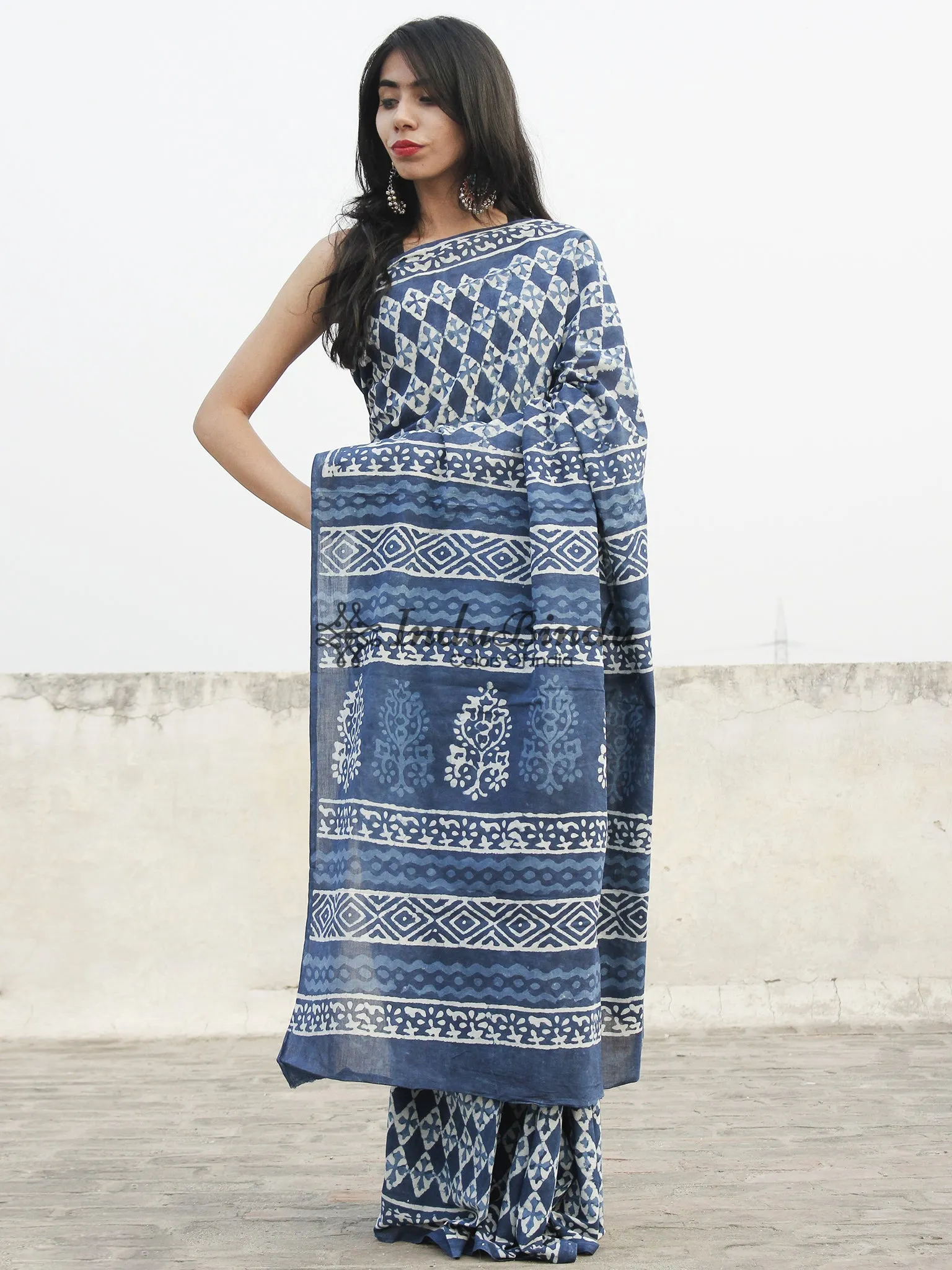 Indigo Blue White Hand Block Printed Cotton Saree In Natural Colors - S031702367