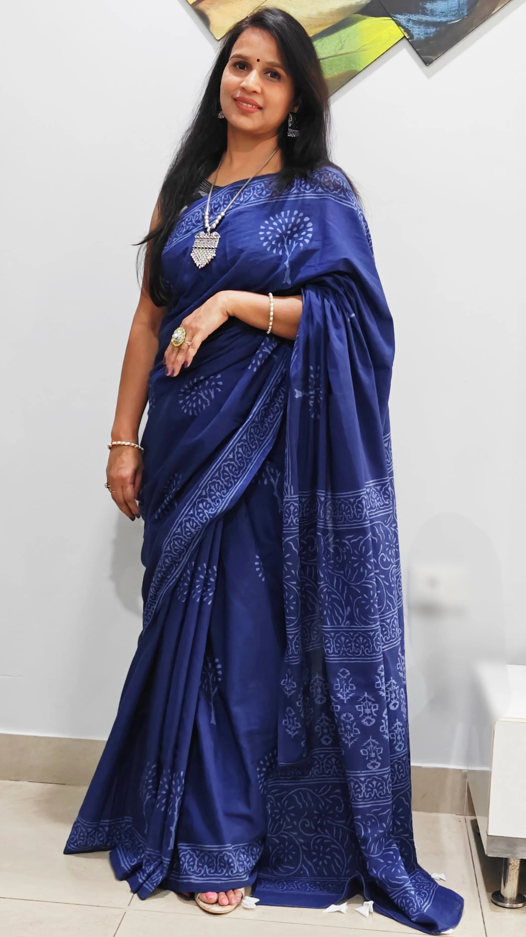 Indigo Cotton Mul-Mul Saree