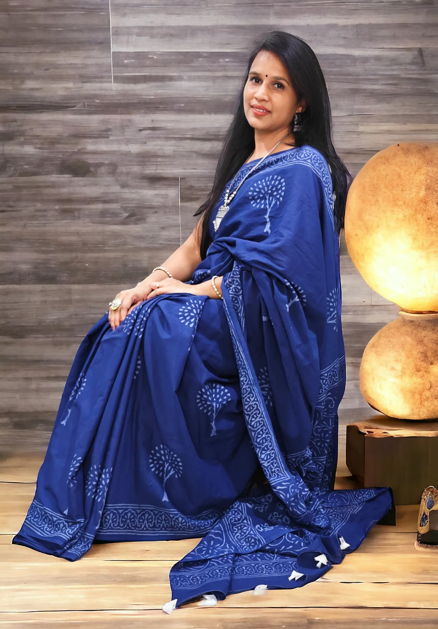 Indigo Cotton Mul-Mul Saree