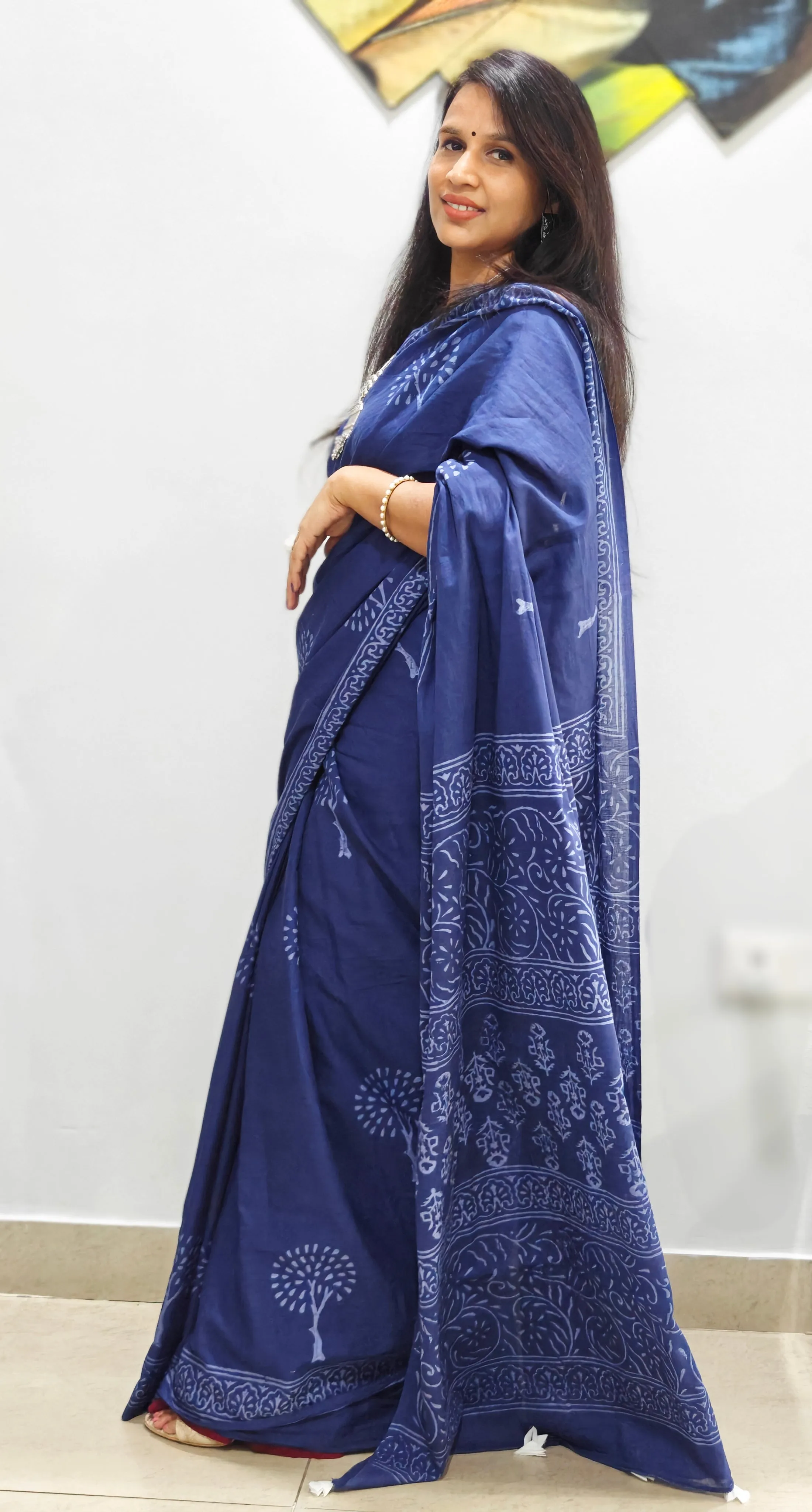 Indigo Cotton Mul-Mul Saree