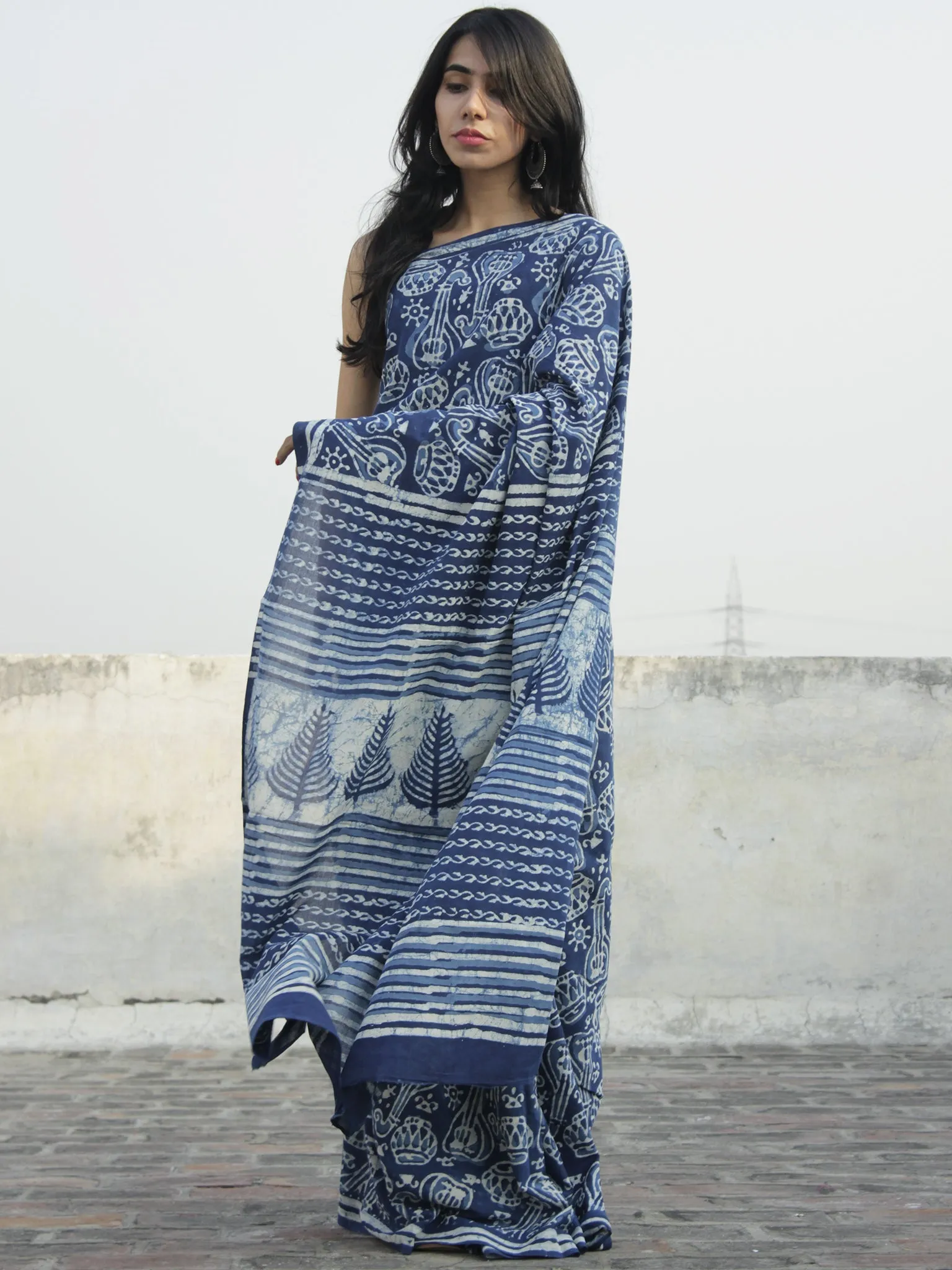 Indigo Ivory Hand Block Printed Cotton Saree In Natural Colors - S031702309