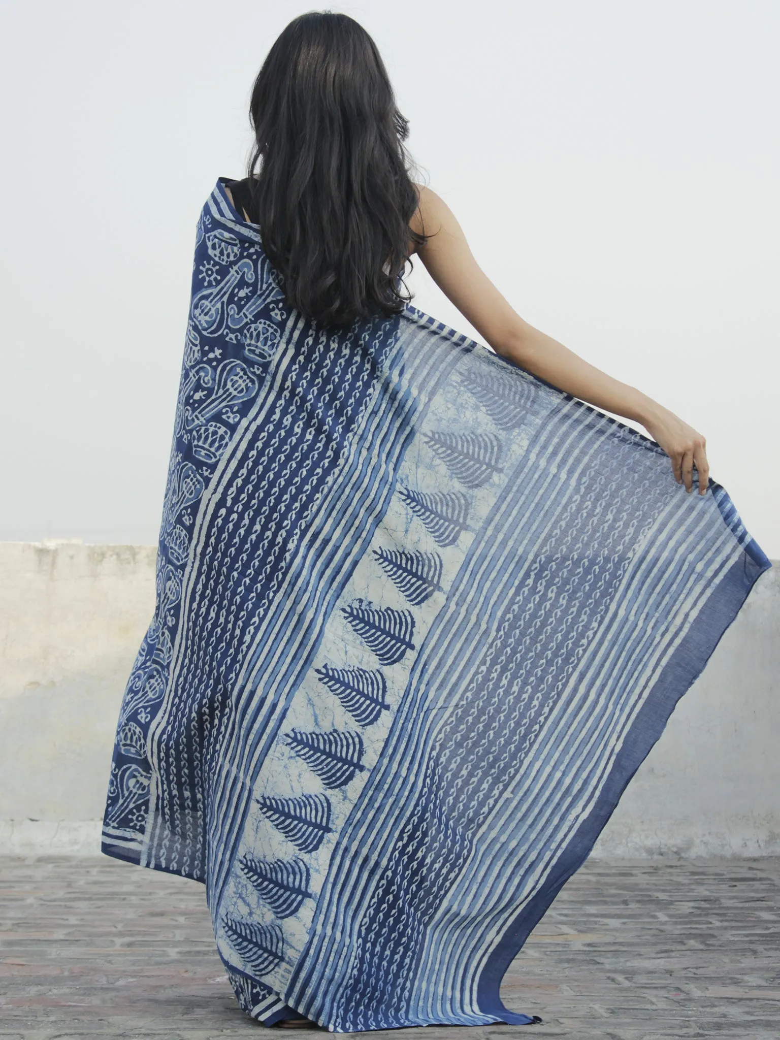 Indigo Ivory Hand Block Printed Cotton Saree In Natural Colors - S031702309