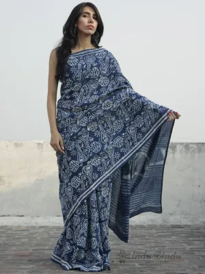 Indigo Ivory Hand Block Printed Cotton Saree In Natural Colors - S031702309