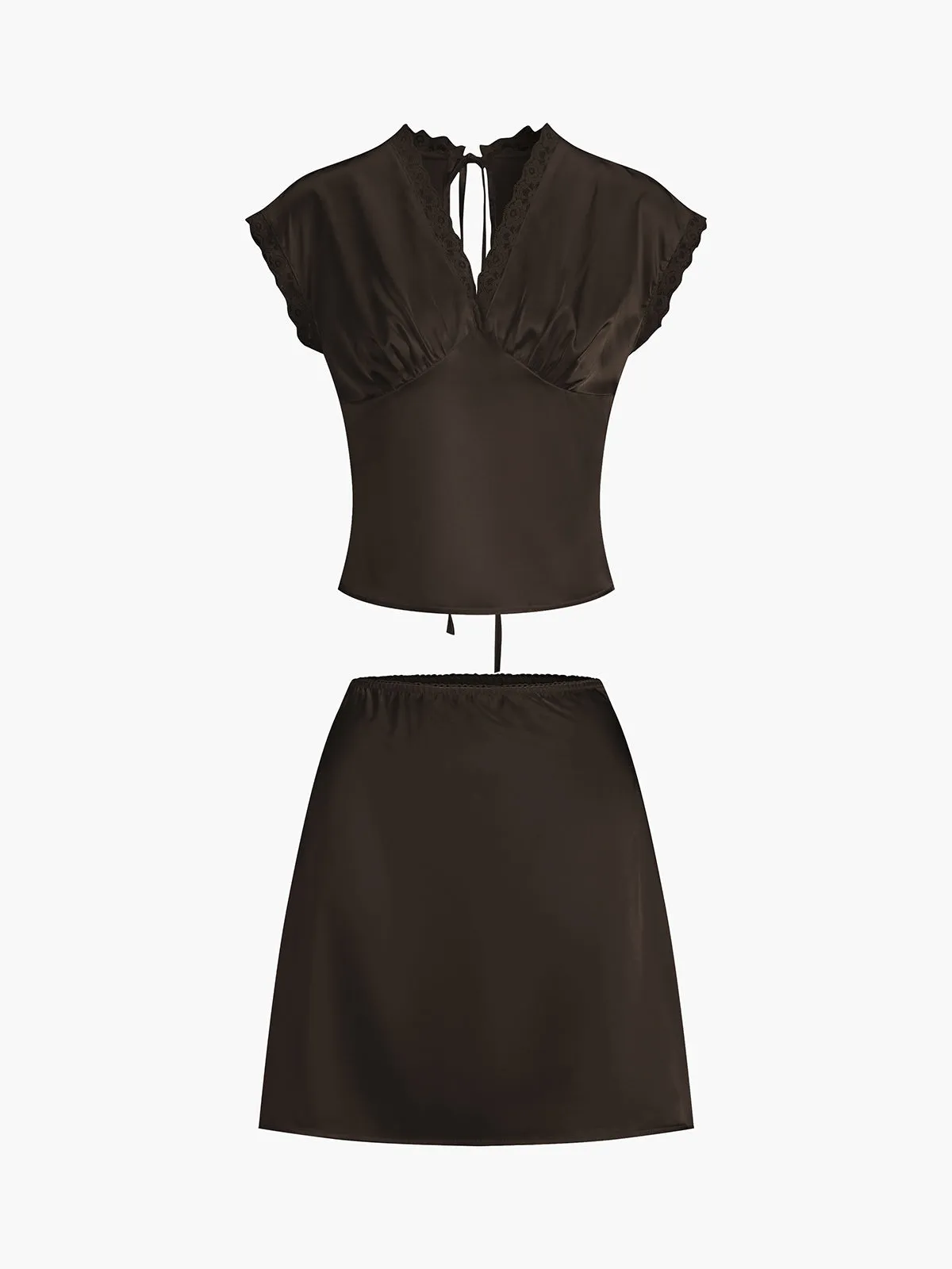 Lace Trim Graceful Satin Skirt Set