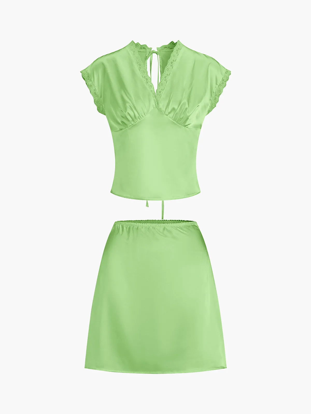 Lace Trim Graceful Satin Skirt Set