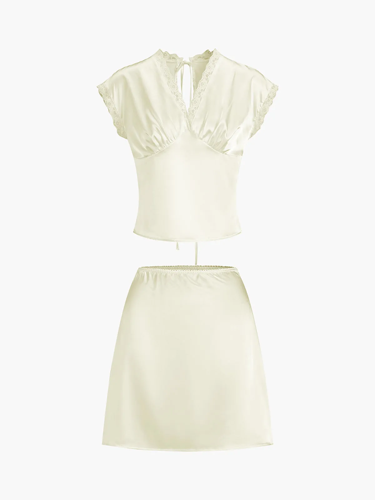 Lace Trim Graceful Satin Skirt Set