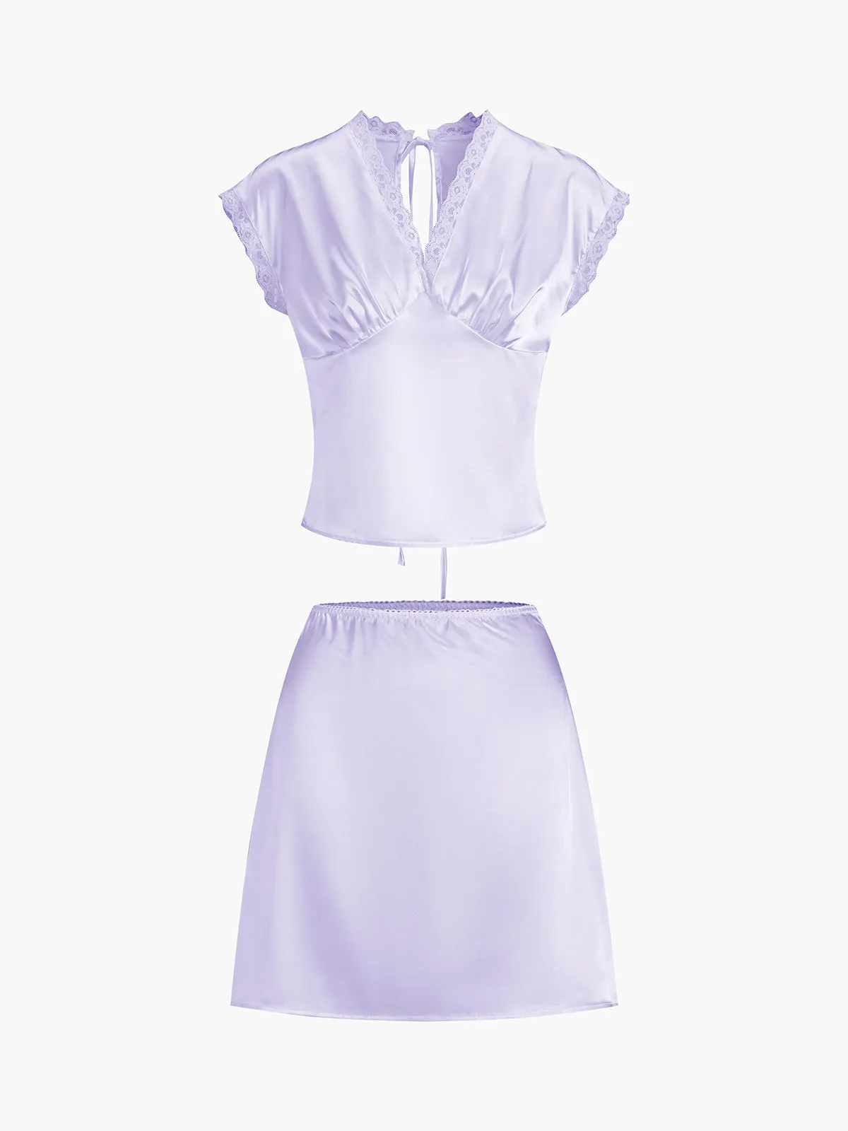Lace Trim Graceful Satin Skirt Set