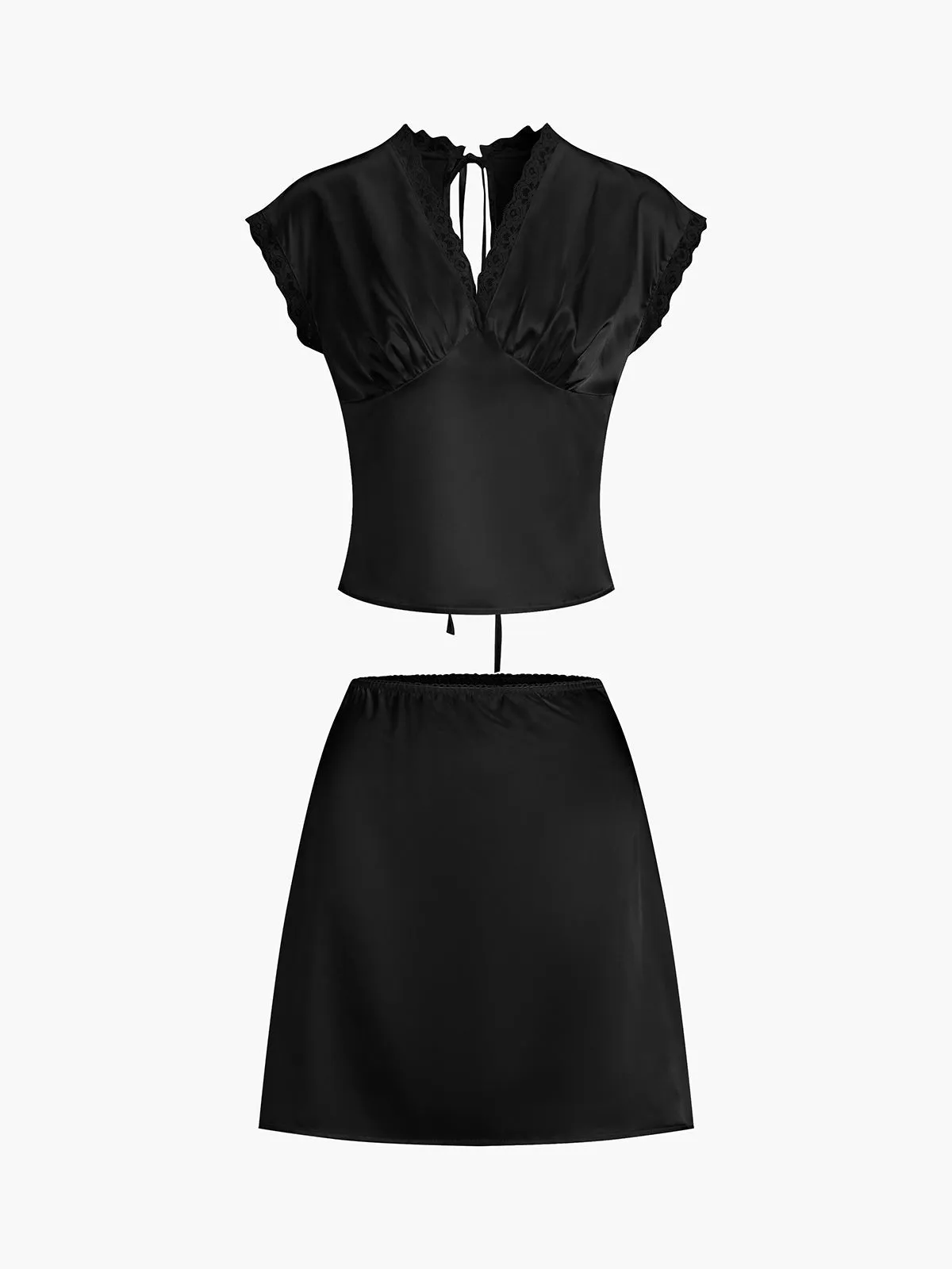 Lace Trim Graceful Satin Skirt Set