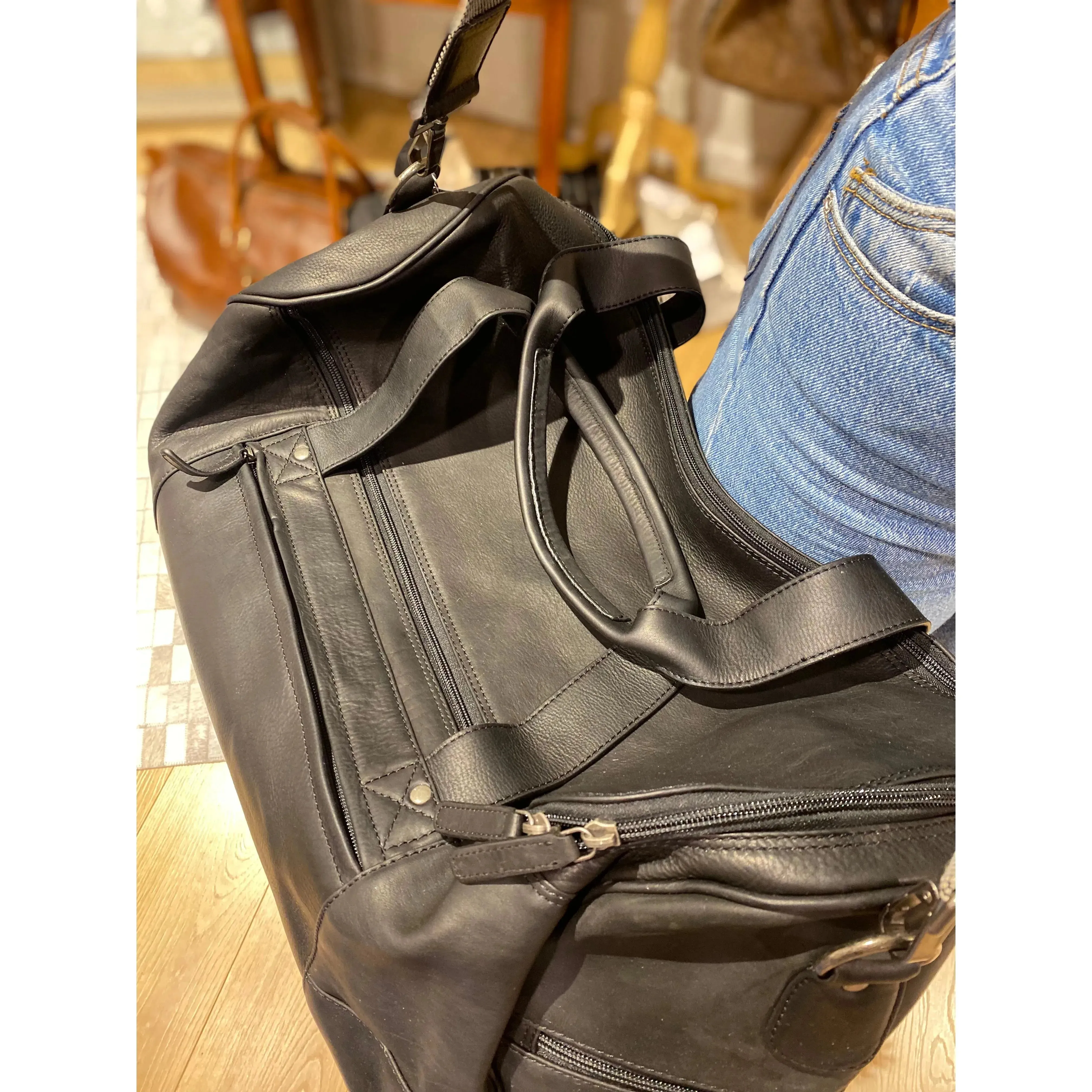 Large Black Leather Travel Bag #BT