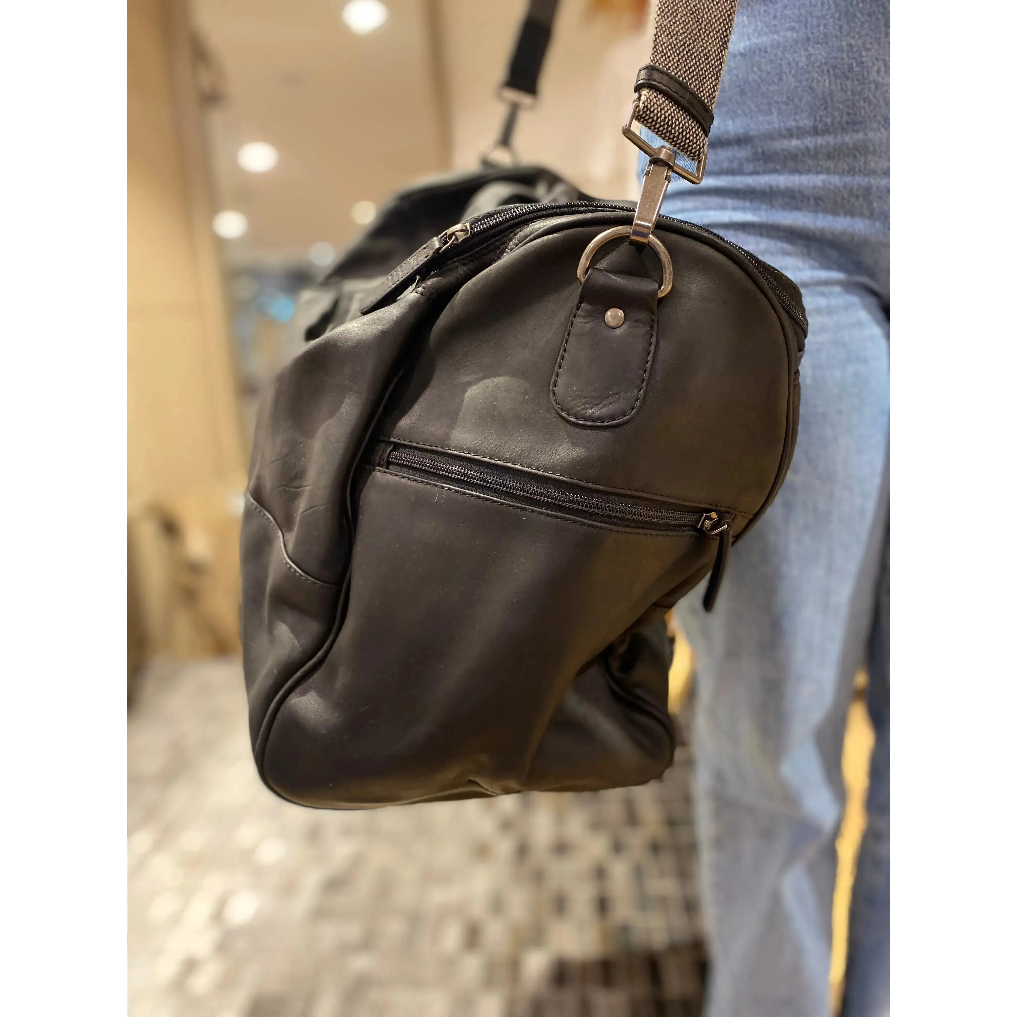 Large Black Leather Travel Bag #BT