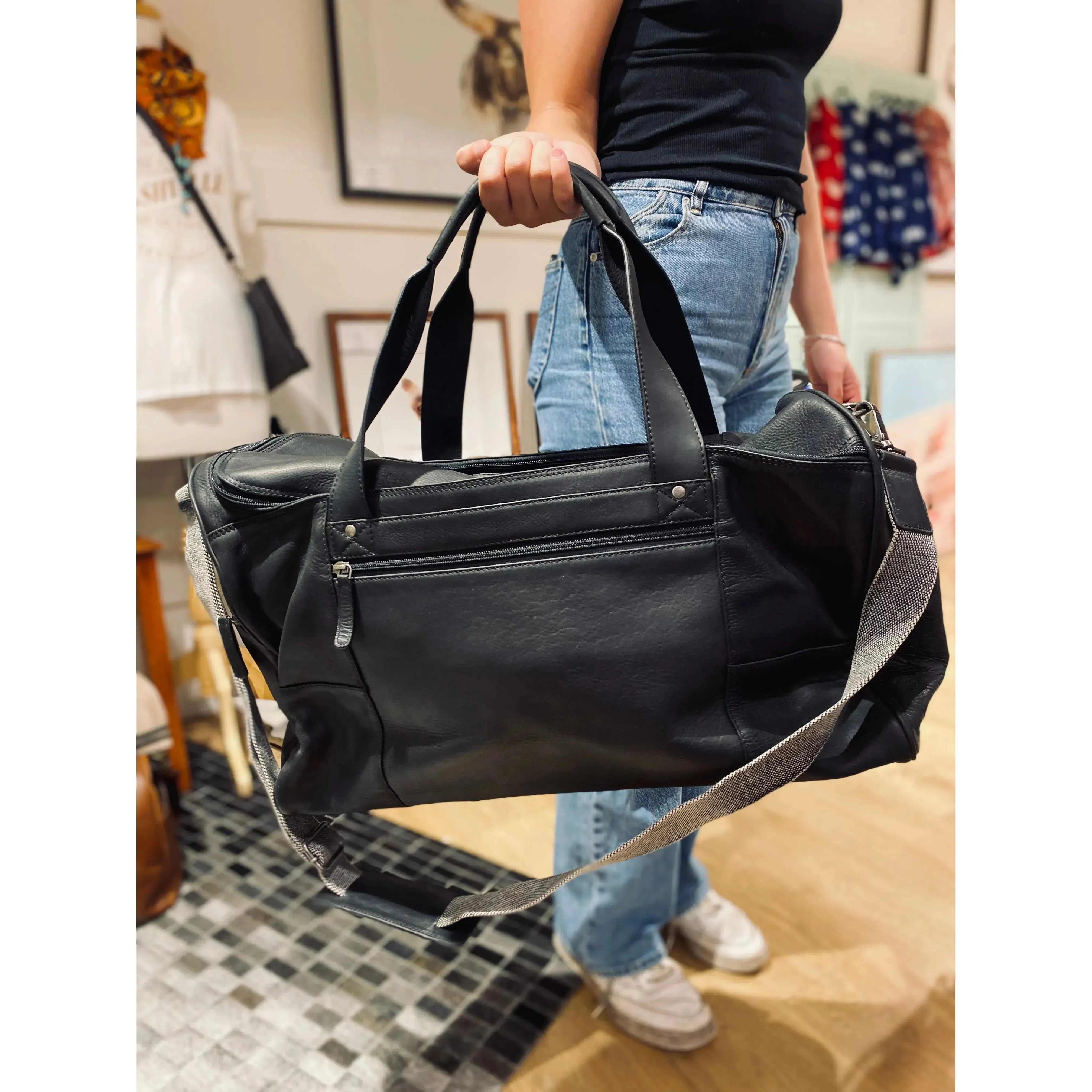 Large Black Leather Travel Bag #BT