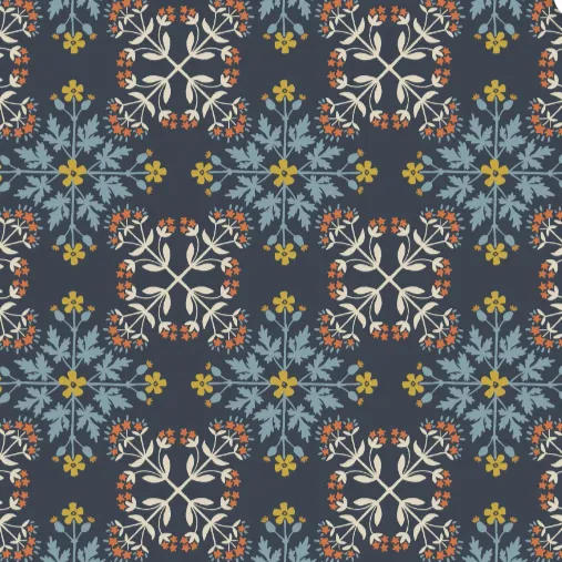 Lewis and Irene Mojolica Floral Tile on Dark Blue Cotton Fabric