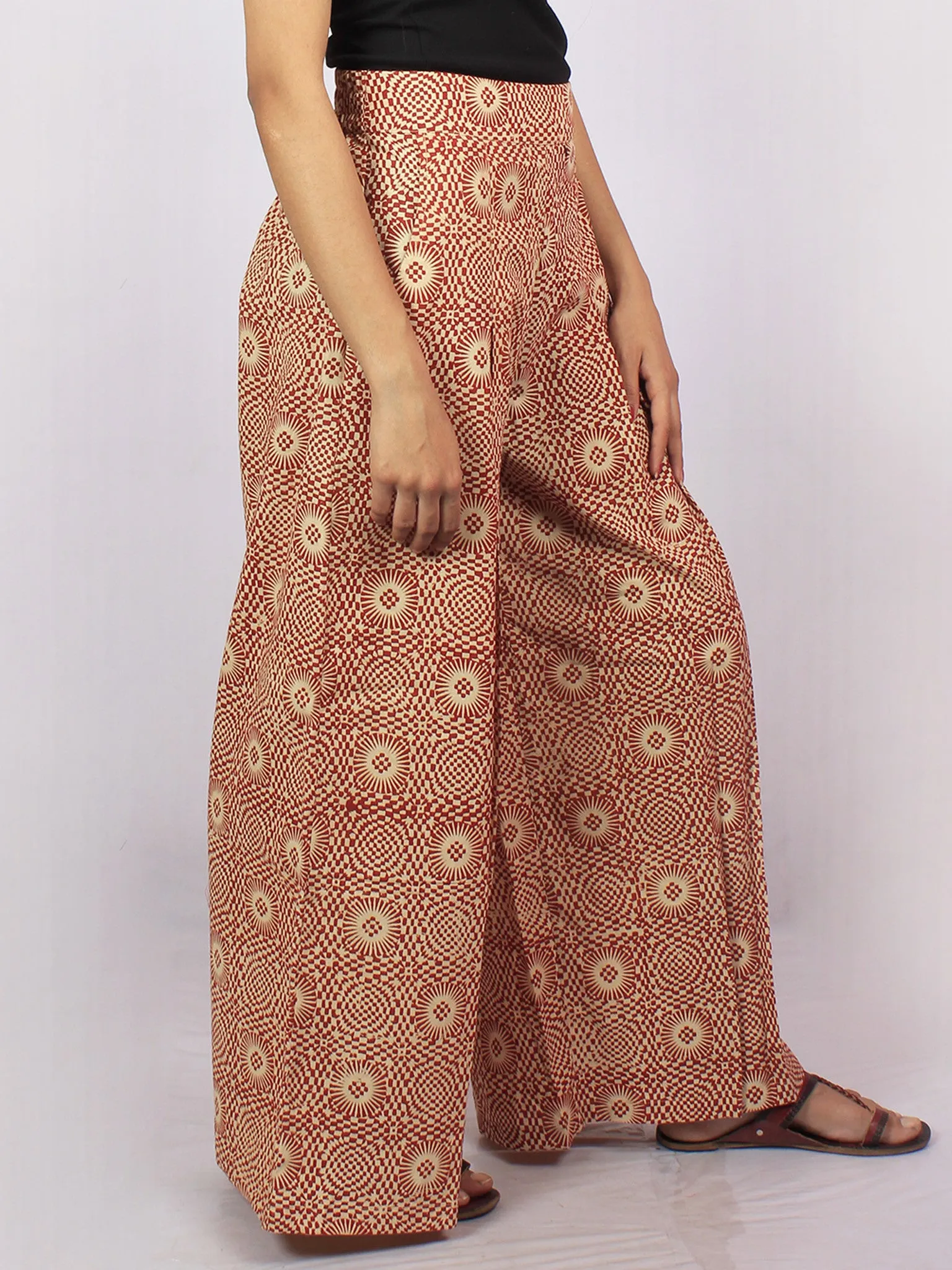 Maroon Beige Hand Block Printed Semi Elasticated Waist Pleated Cotton Palazzo - P1117086