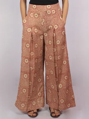 Maroon Beige Hand Block Printed Semi Elasticated Waist Pleated Cotton Palazzo - P1117086
