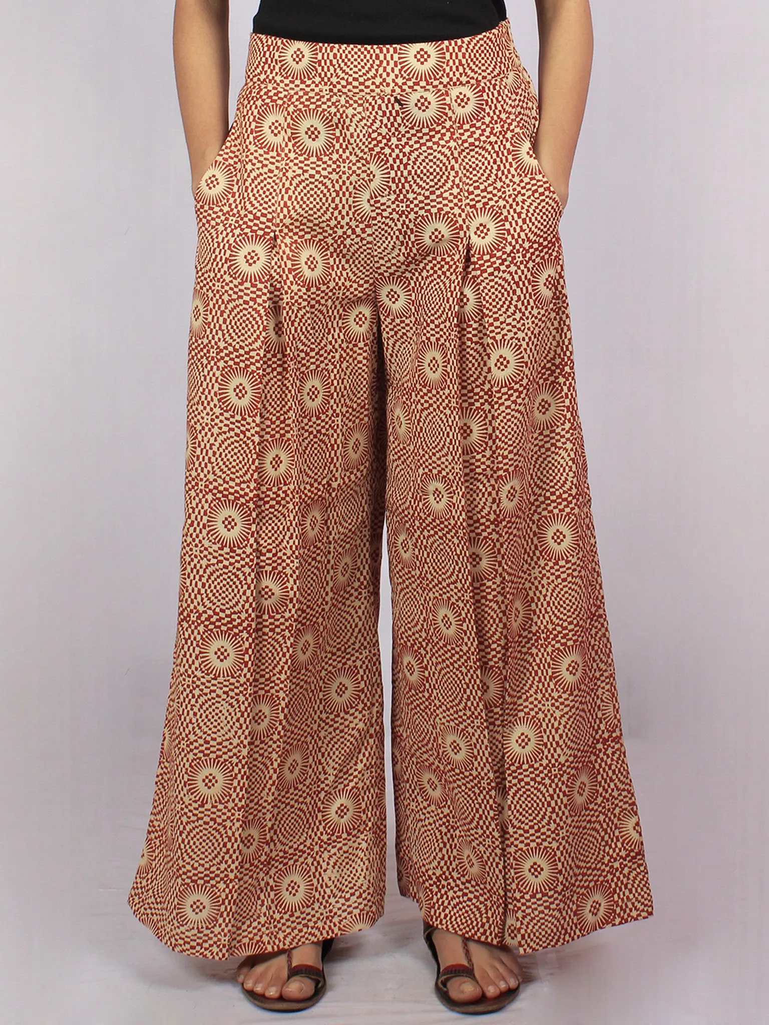Maroon Beige Hand Block Printed Semi Elasticated Waist Pleated Cotton Palazzo - P1117086
