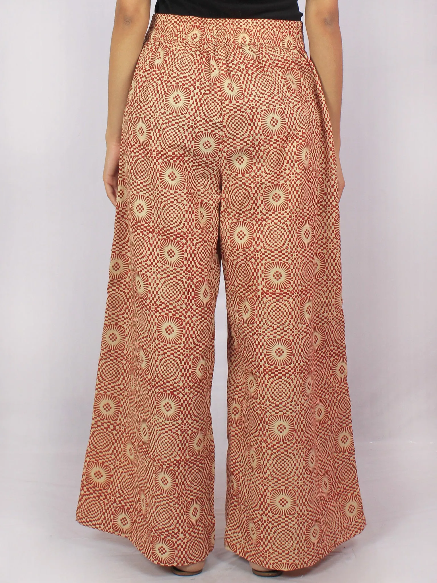 Maroon Beige Hand Block Printed Semi Elasticated Waist Pleated Cotton Palazzo - P1117086