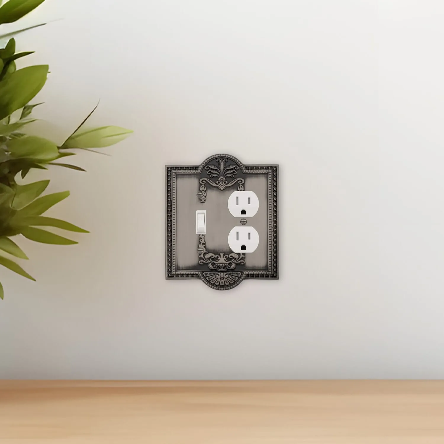 Meadows Switch Plate with Toggle and Outlet in Antique Pewter