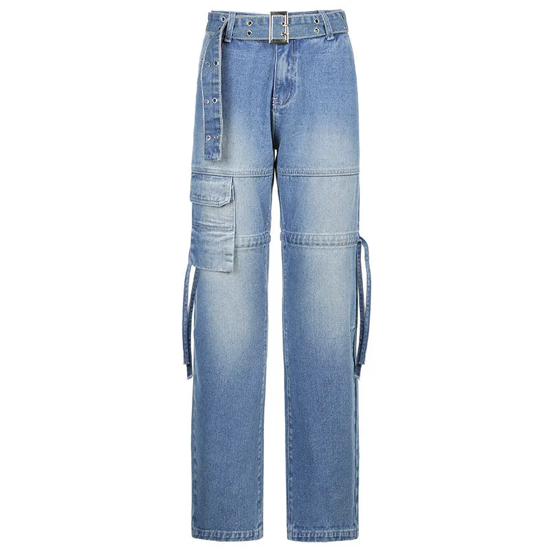 Mid Waist Graceful Belted Cargo Jeans
