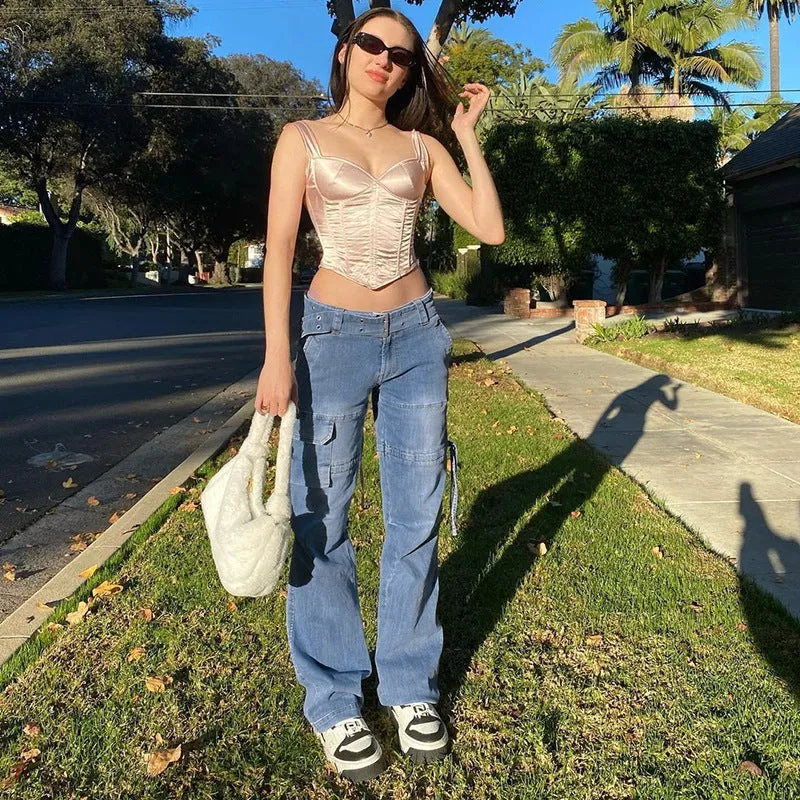 Mid Waist Graceful Belted Cargo Jeans