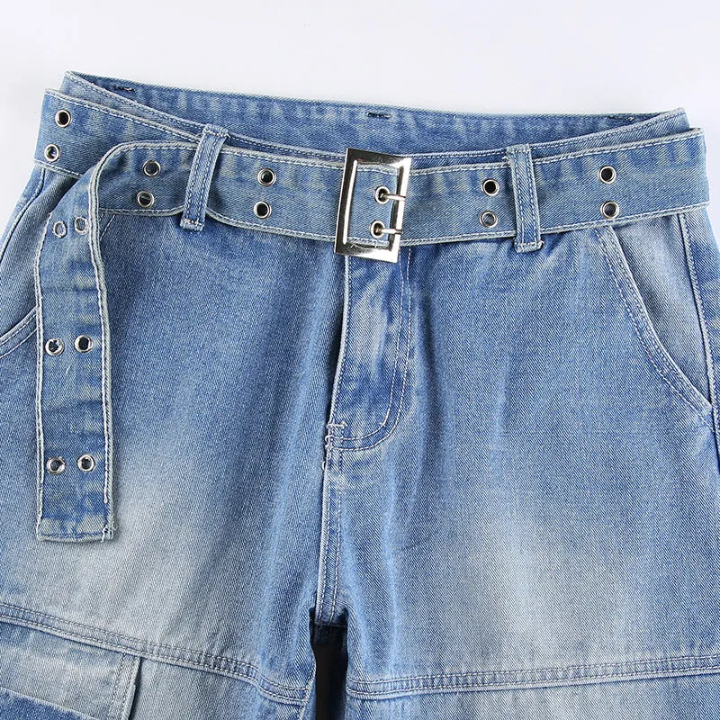 Mid Waist Graceful Belted Cargo Jeans