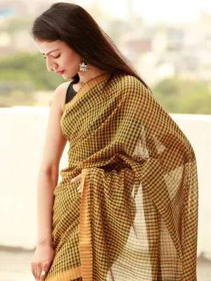Mustard Green Handloom Mangalagiri Cotton Saree With Zari Border - S031703856