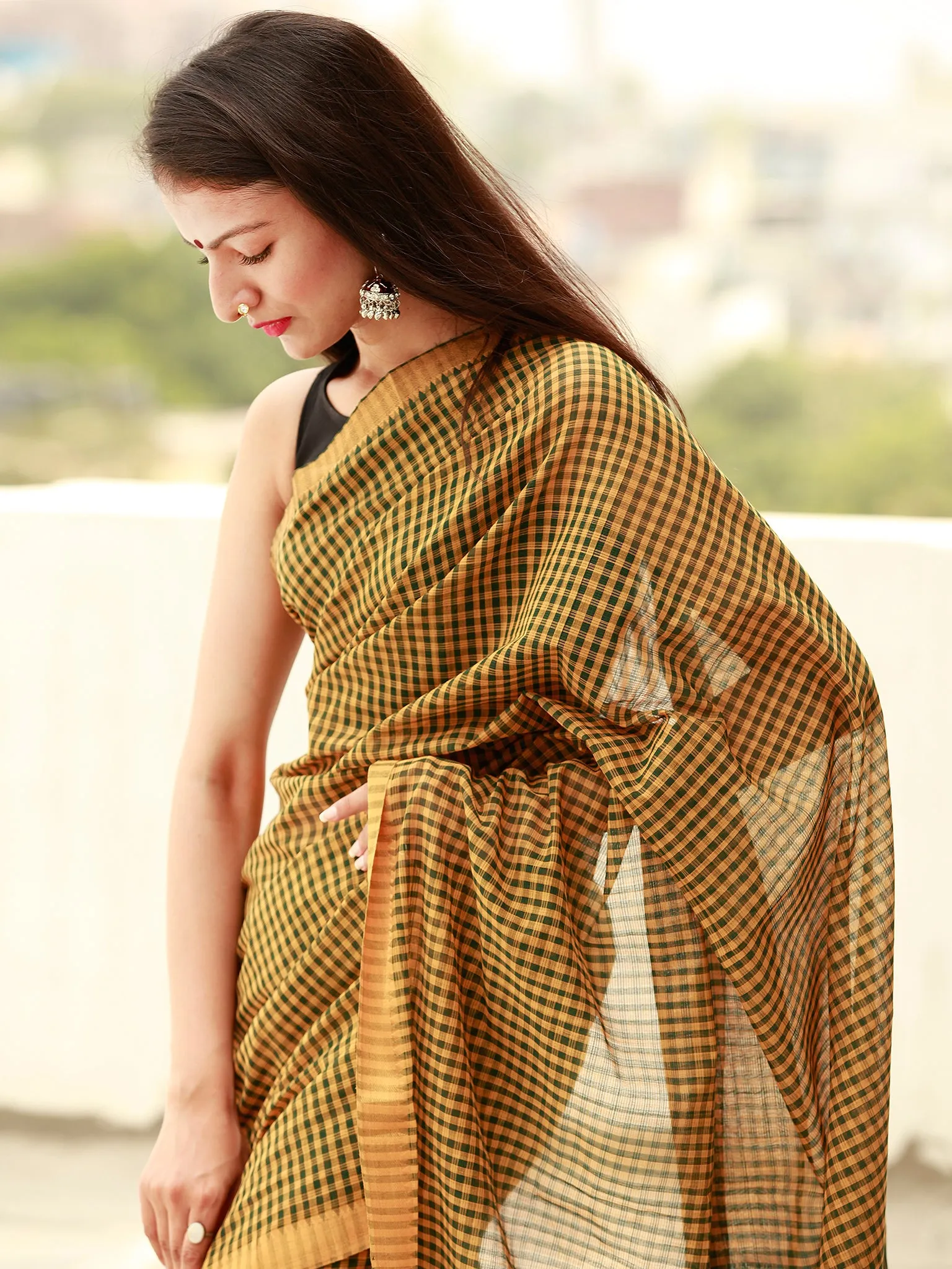 Mustard Green Handloom Mangalagiri Cotton Saree With Zari Border - S031703856