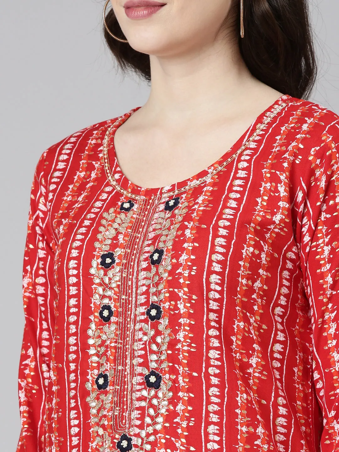 Neeru's Red Regular Straight Printed Kurta And Palazzos With Dupatta