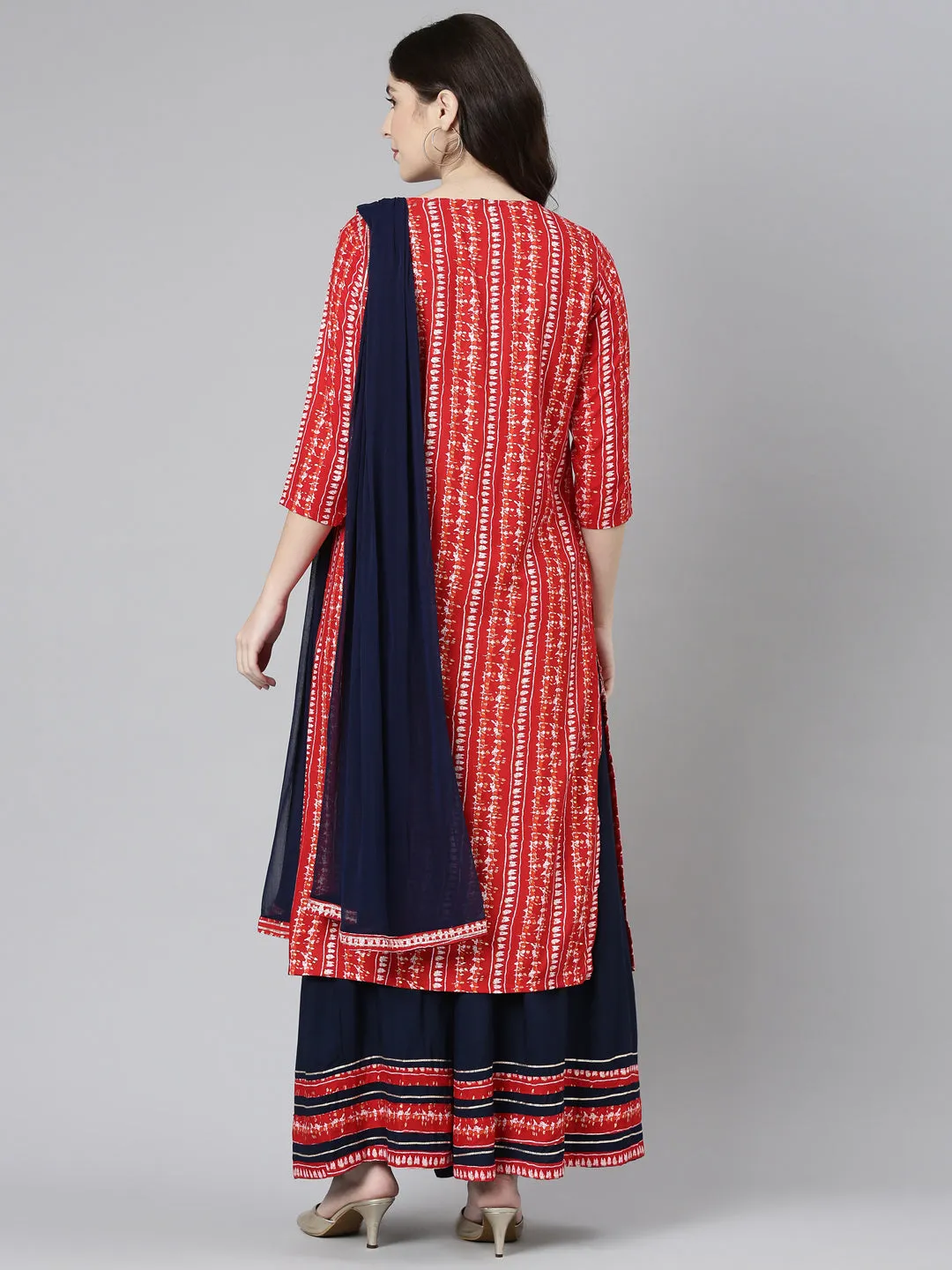 Neeru's Red Regular Straight Printed Kurta And Palazzos With Dupatta