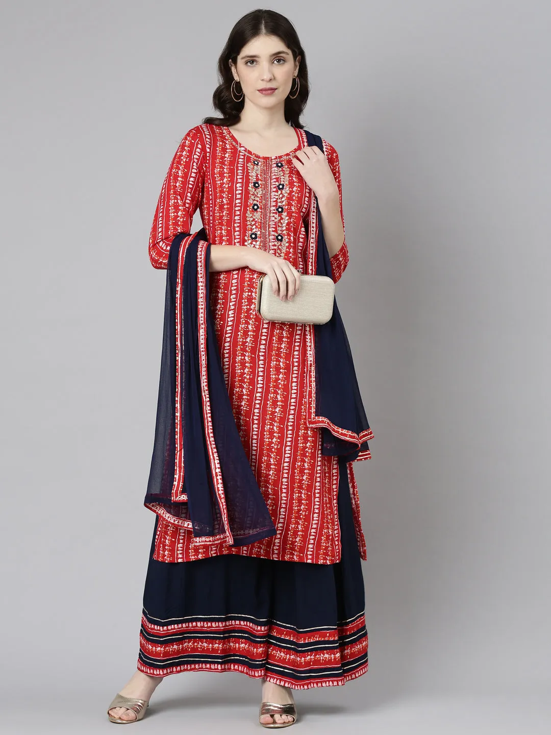 Neeru's Red Regular Straight Printed Kurta And Palazzos With Dupatta