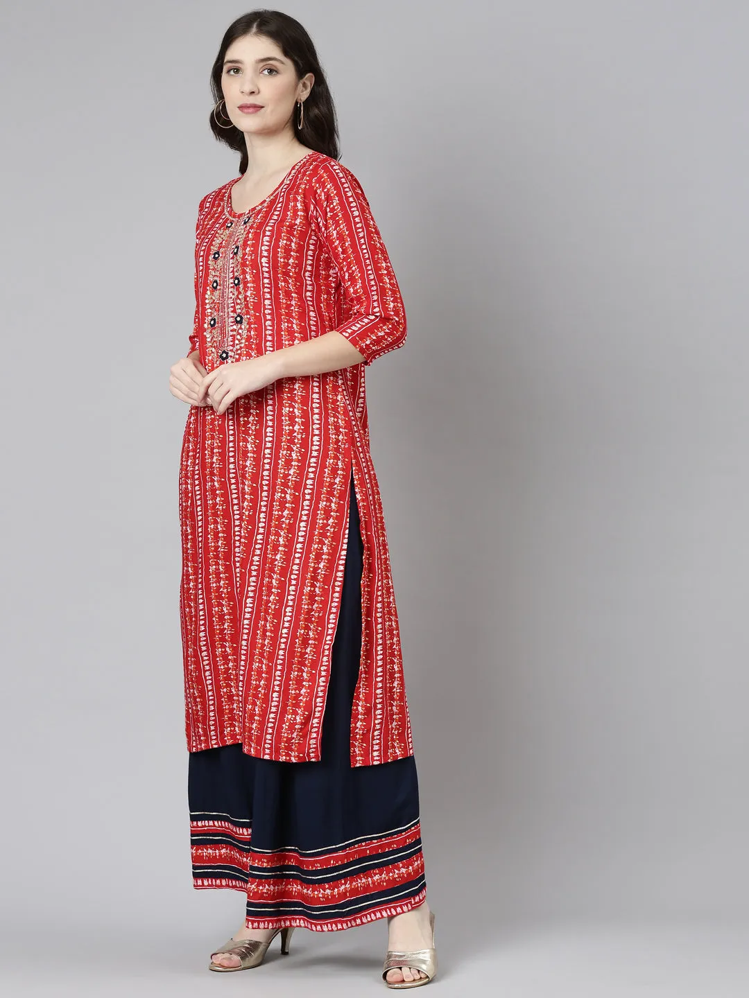 Neeru's Red Regular Straight Printed Kurta And Palazzos With Dupatta