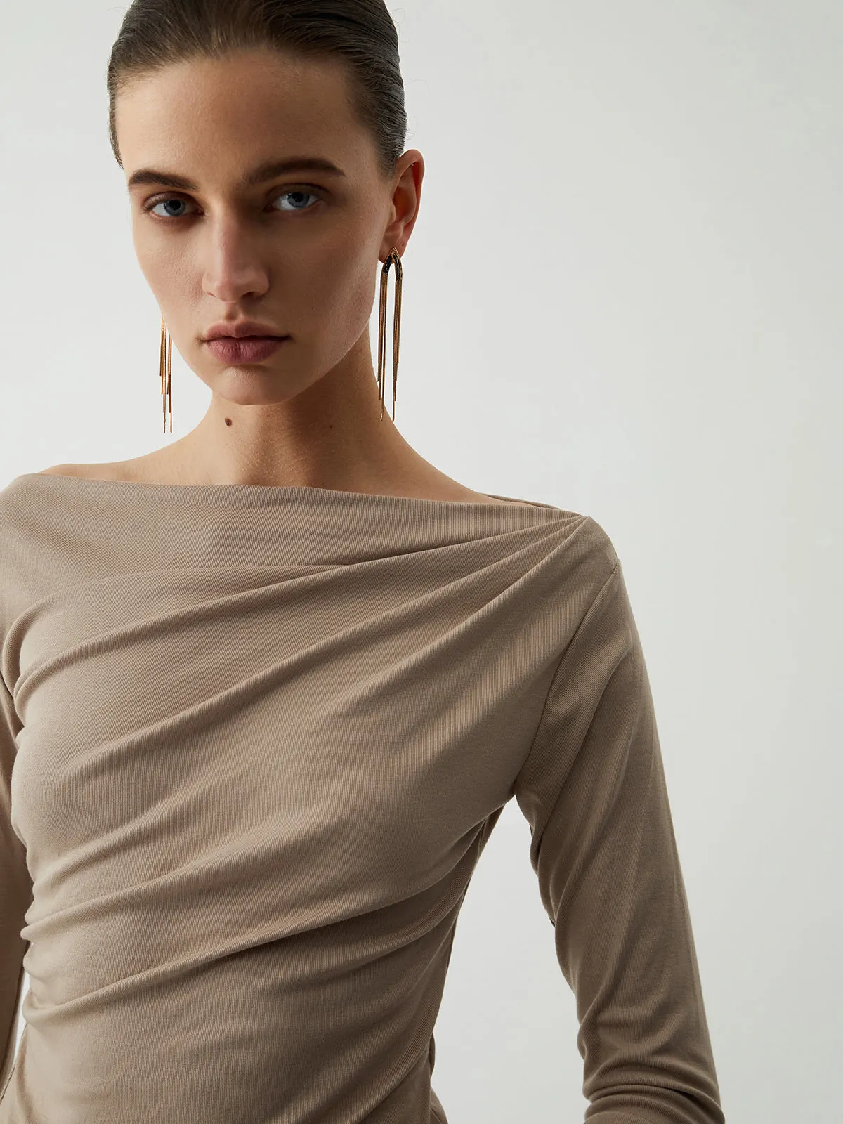 Oatmeal Ruched Graceful Long Sleeve Top