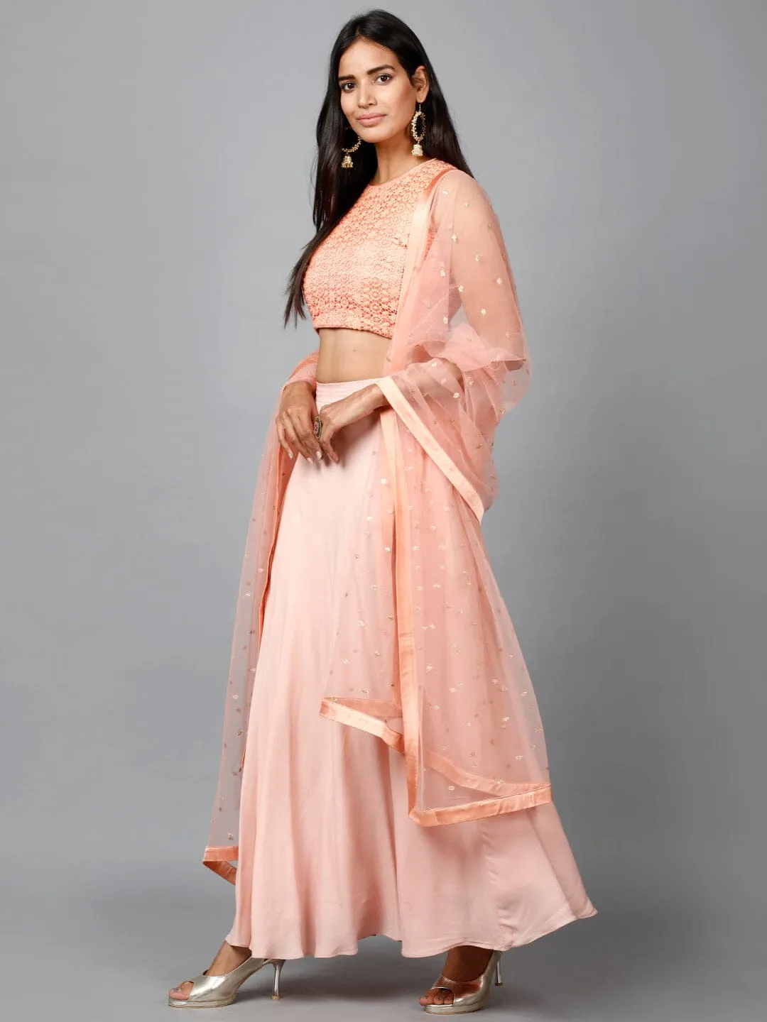 Peach Cotton Lace Crop top, Moss crepe Flare Skirt and Embroidered Net Dupatta