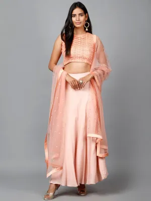 Peach Cotton Lace Crop top, Moss crepe Flare Skirt and Embroidered Net Dupatta