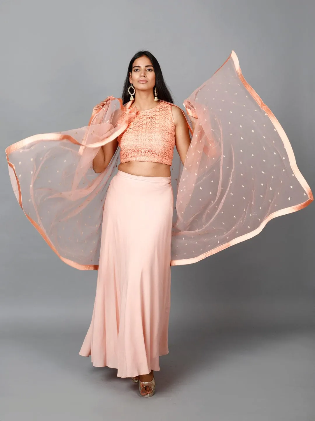 Peach Cotton Lace Crop top, Moss crepe Flare Skirt and Embroidered Net Dupatta