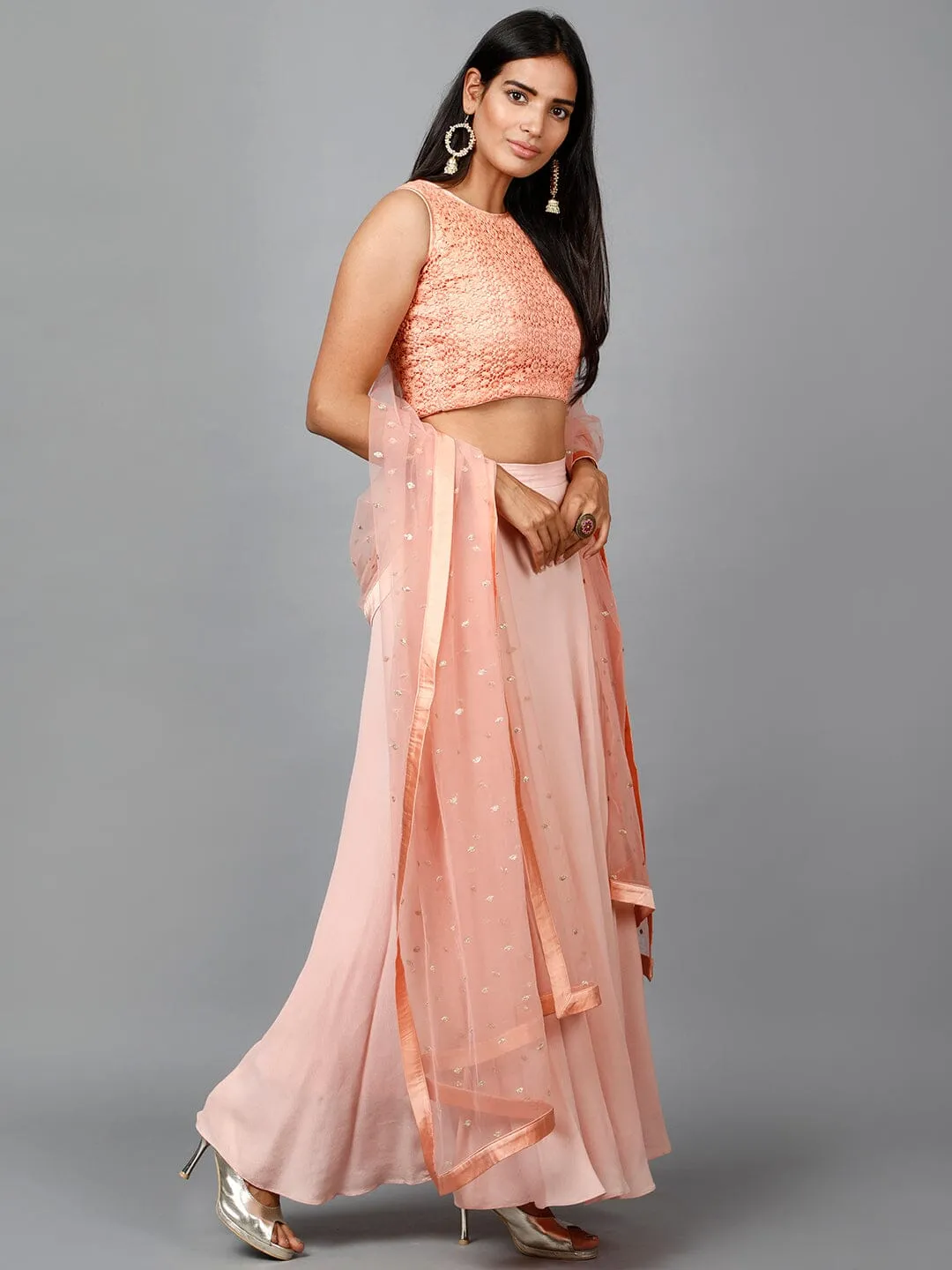 Peach Cotton Lace Crop top, Moss crepe Flare Skirt and Embroidered Net Dupatta