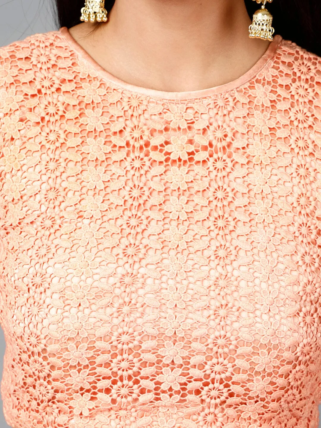 Peach Cotton Lace Crop top, Moss crepe Flare Skirt and Embroidered Net Dupatta