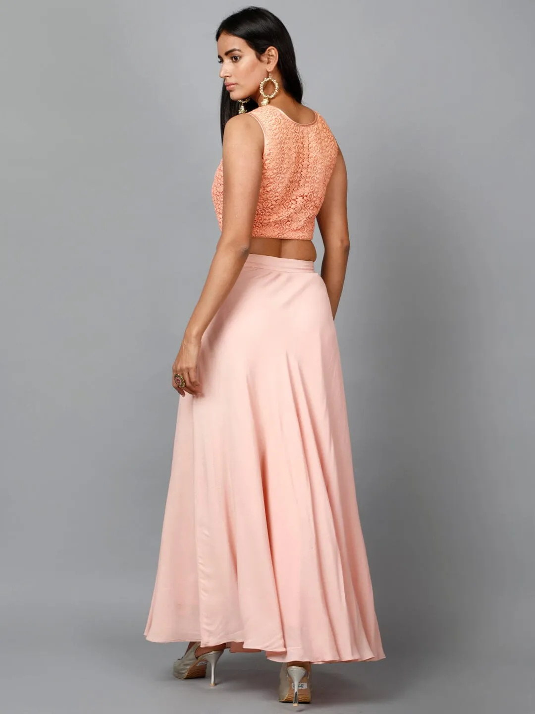 Peach Cotton Lace Crop top, Moss crepe Flare Skirt and Embroidered Net Dupatta