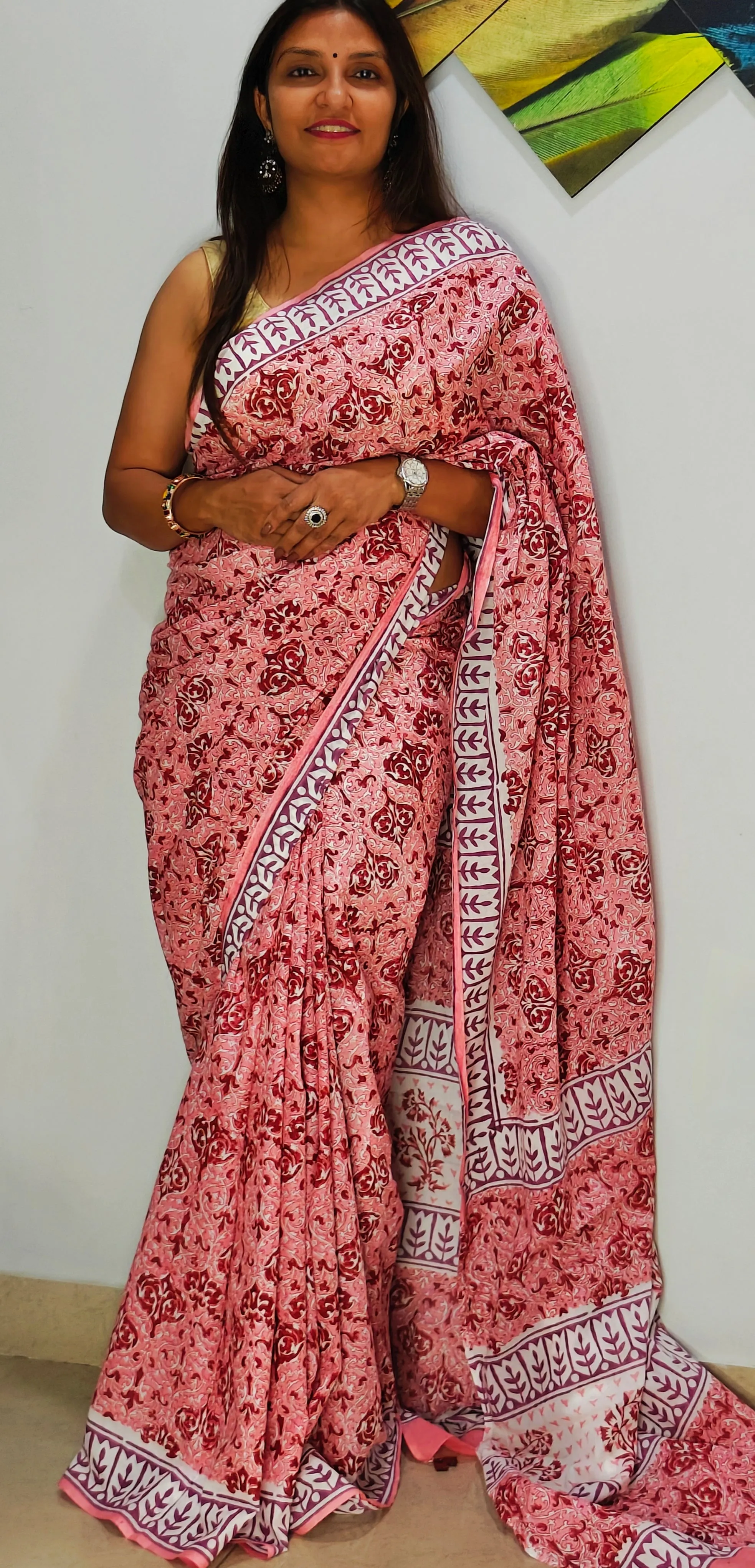Peach Hand Block Printed Cotton Mul-Mul Saree