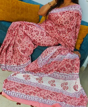 Peach Hand Block Printed Cotton Mul-Mul Saree