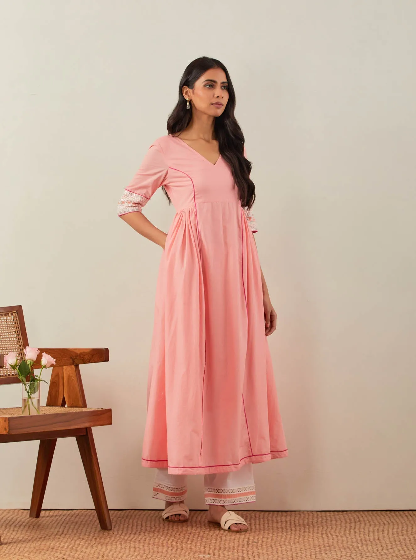 Peach Plain Markab Anarkali Kurta With Chikankari Border and Palazzo with lace detail & Dupatta (Set of 3)