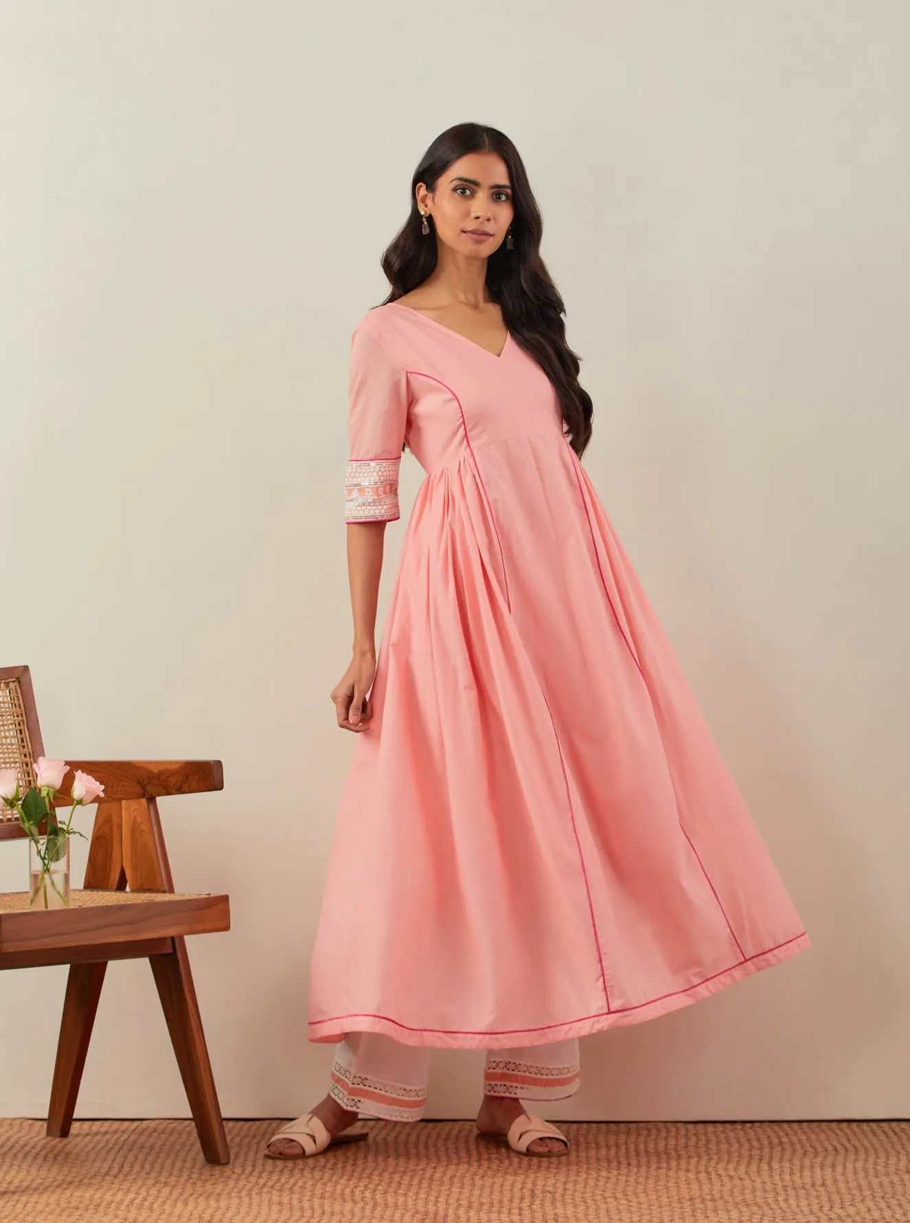 Peach Plain Markab Anarkali Kurta With Chikankari Border and Palazzo with lace detail & Dupatta (Set of 3)