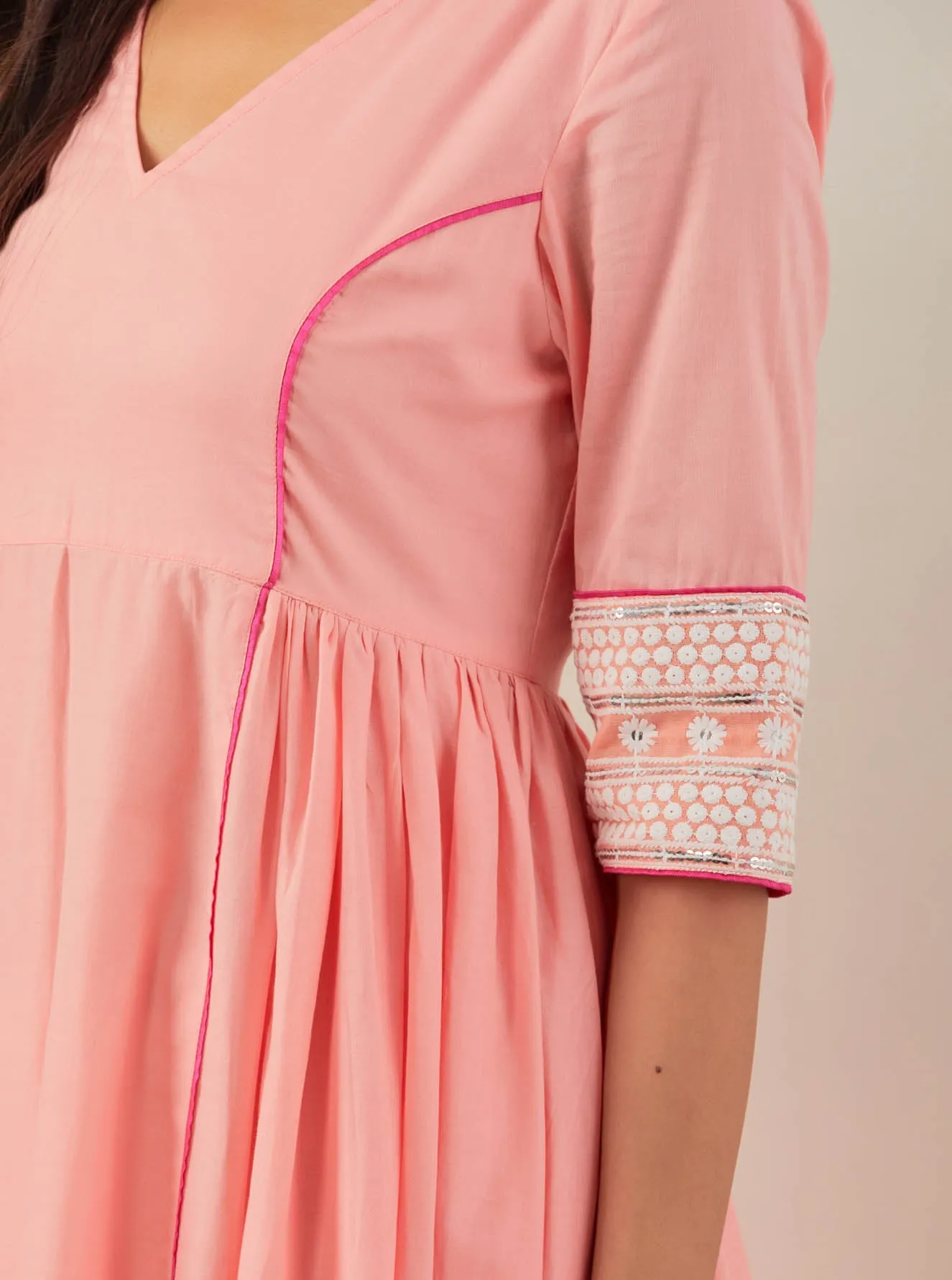 Peach Plain Markab Anarkali Kurta With Chikankari Border and Palazzo with lace detail & Dupatta (Set of 3)