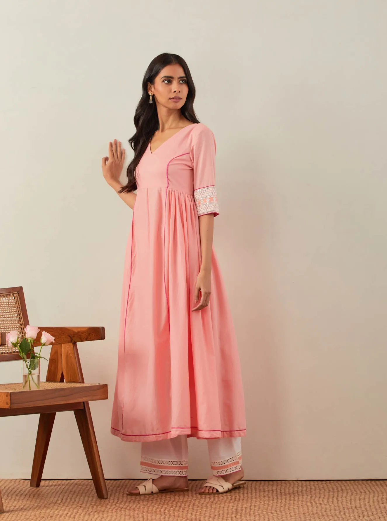 Peach Plain Markab Anarkali Kurta With Chikankari Border and Palazzo with lace detail & Dupatta (Set of 3)